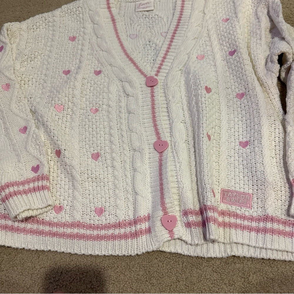 Taylor Swift White and Pink Heart Cardigan
